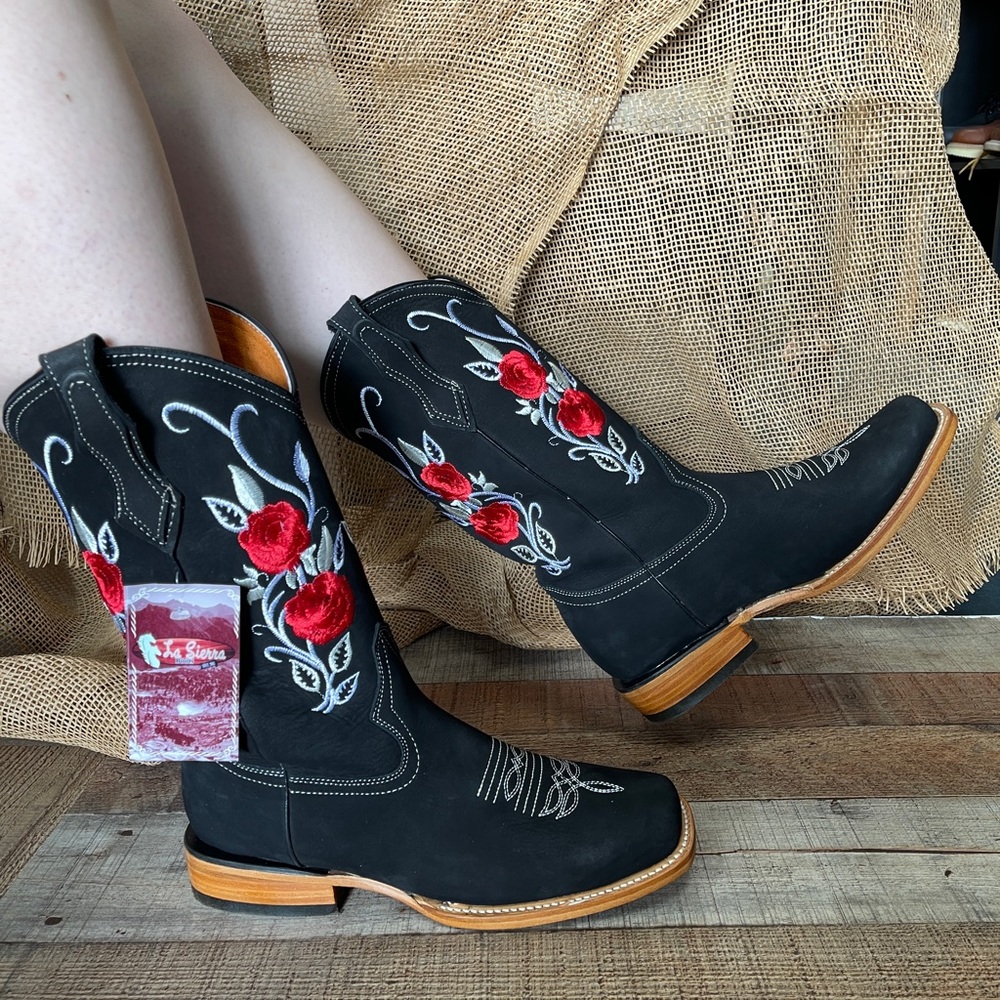 Women’s Western Cowgirl Rodeo black Leather Boots Bota Vaquera Mujer